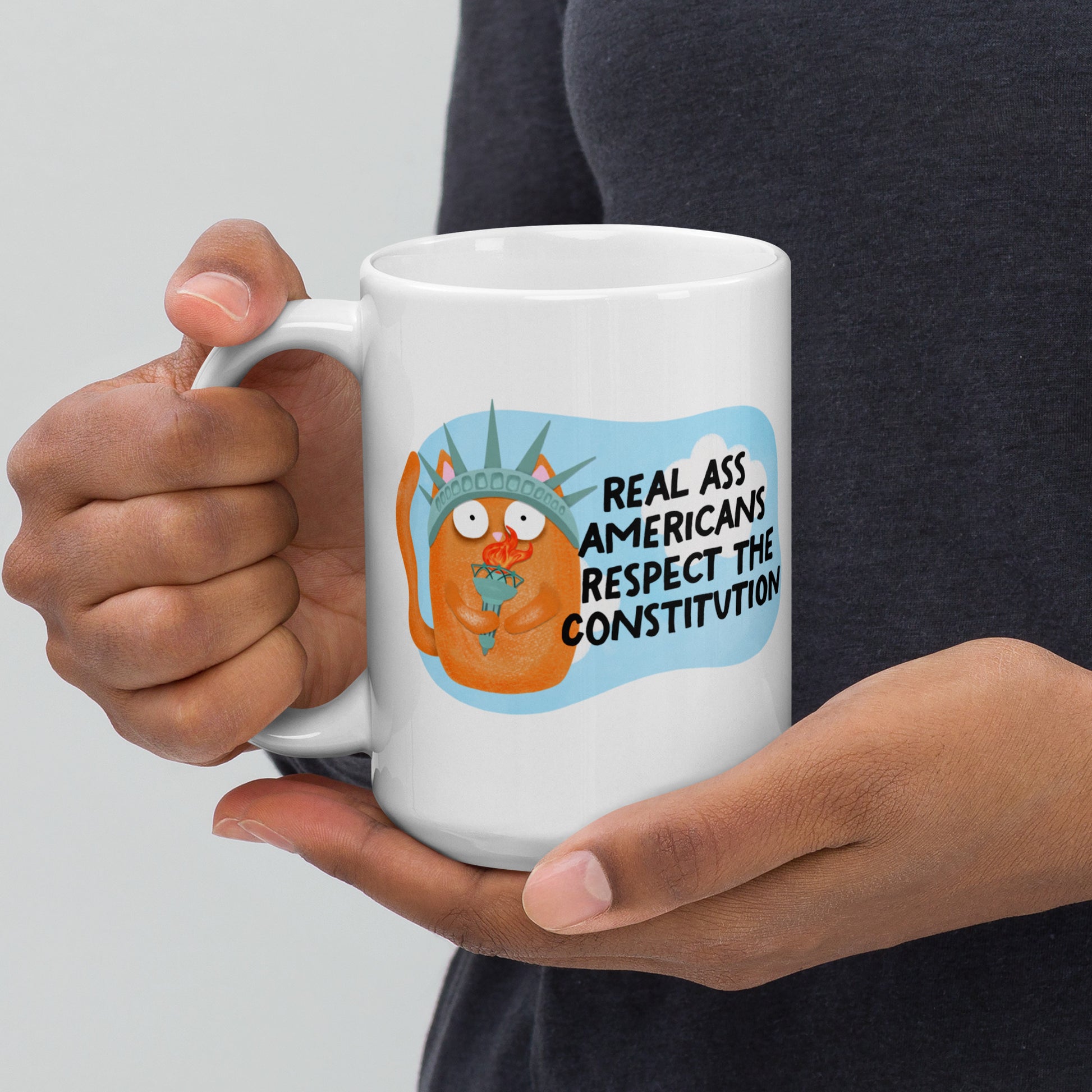 Real Ass Americans Respect the Constitution Glossy White Coffee Mug by Spinsterly Co, glossy white ceramic with cat graphic