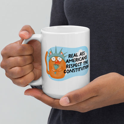 Real Ass Americans Respect the Constitution Glossy White Coffee Mug by Spinsterly Co, glossy white ceramic with cat graphic