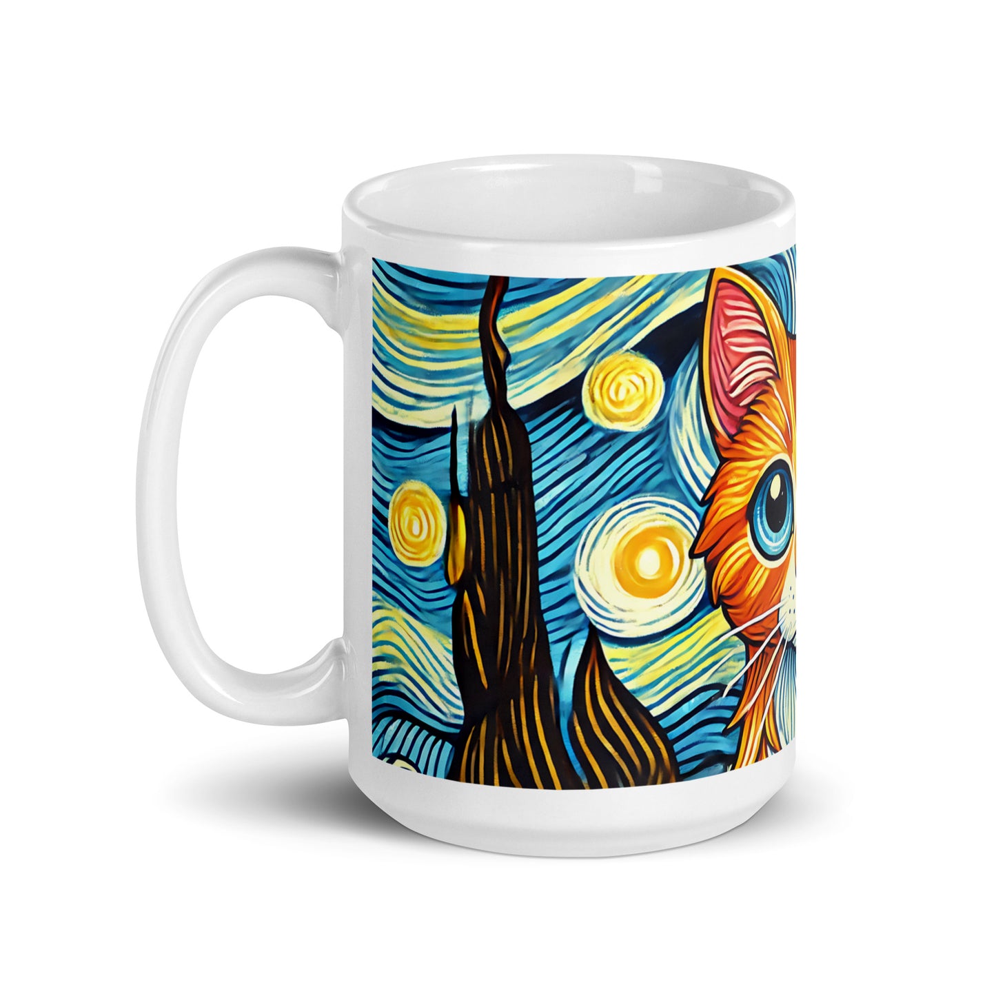 Starry Night Cat Glossy White Coffee Mug by Spinsterly Co, glossy ceramic with wrap around cat artwork