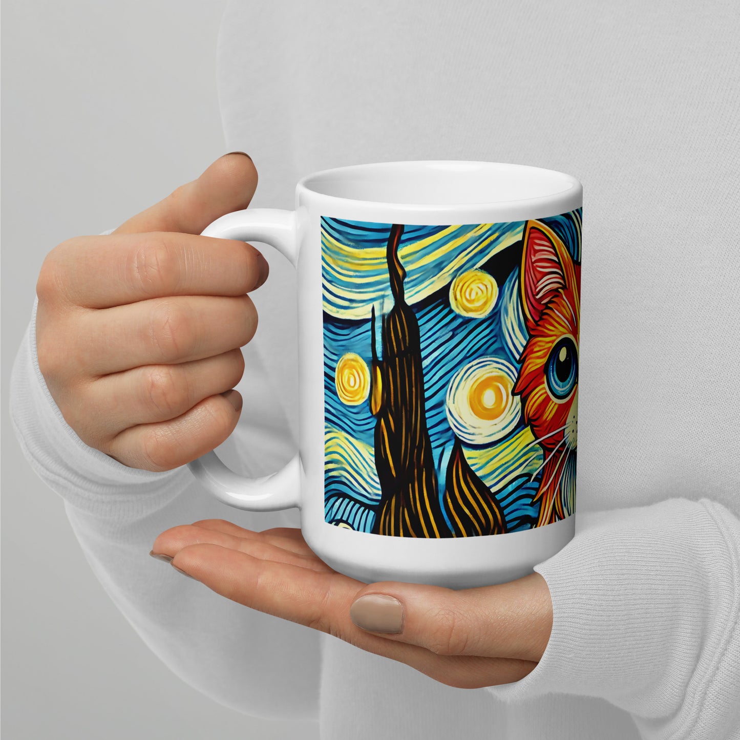 Starry Night Cat Glossy White Coffee Mug by Spinsterly Co, glossy ceramic with wrap-around night sky cat art