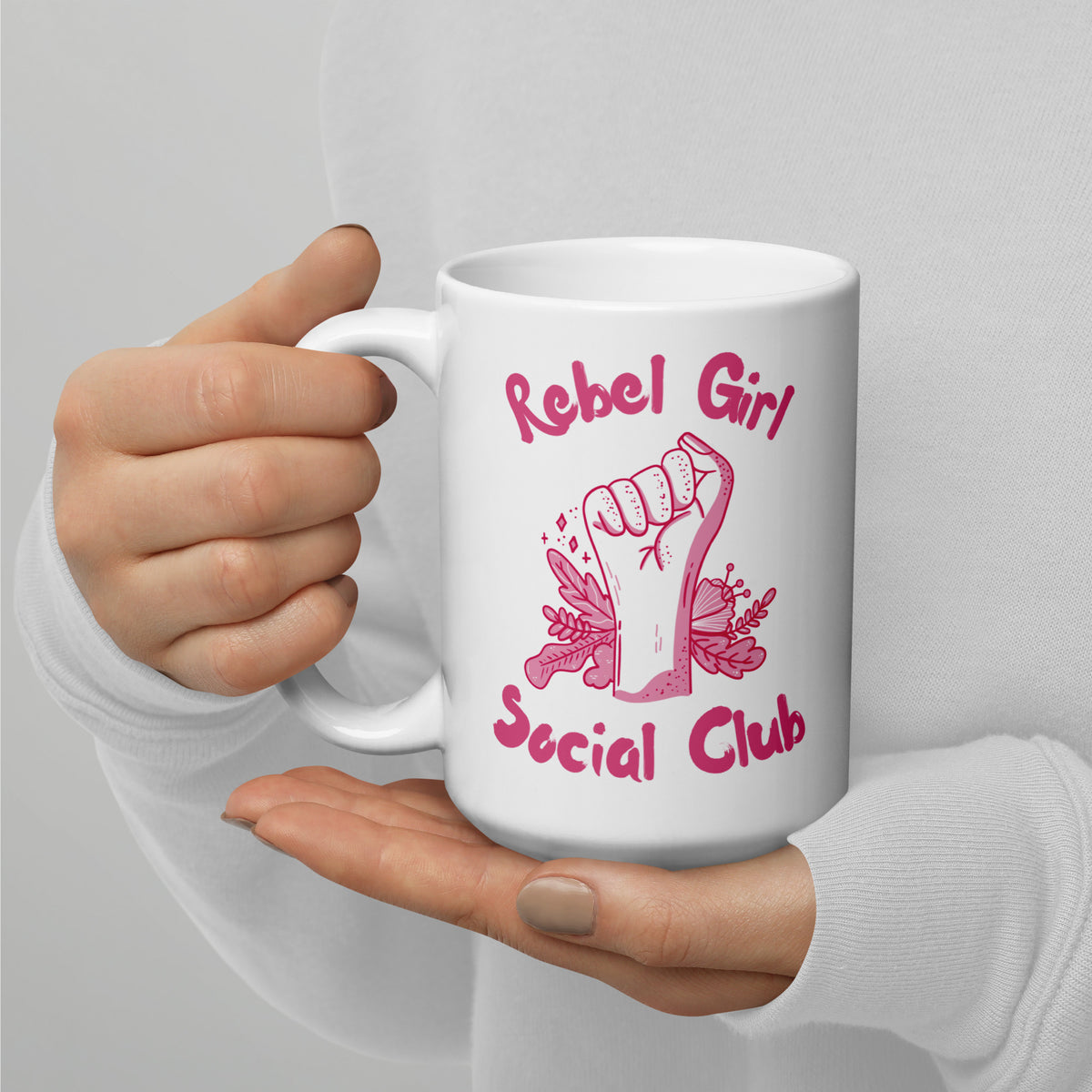 Rebel Girl Social Club Glossy White Coffee Mug | Feminist Floral Gift - Spinsterly Co