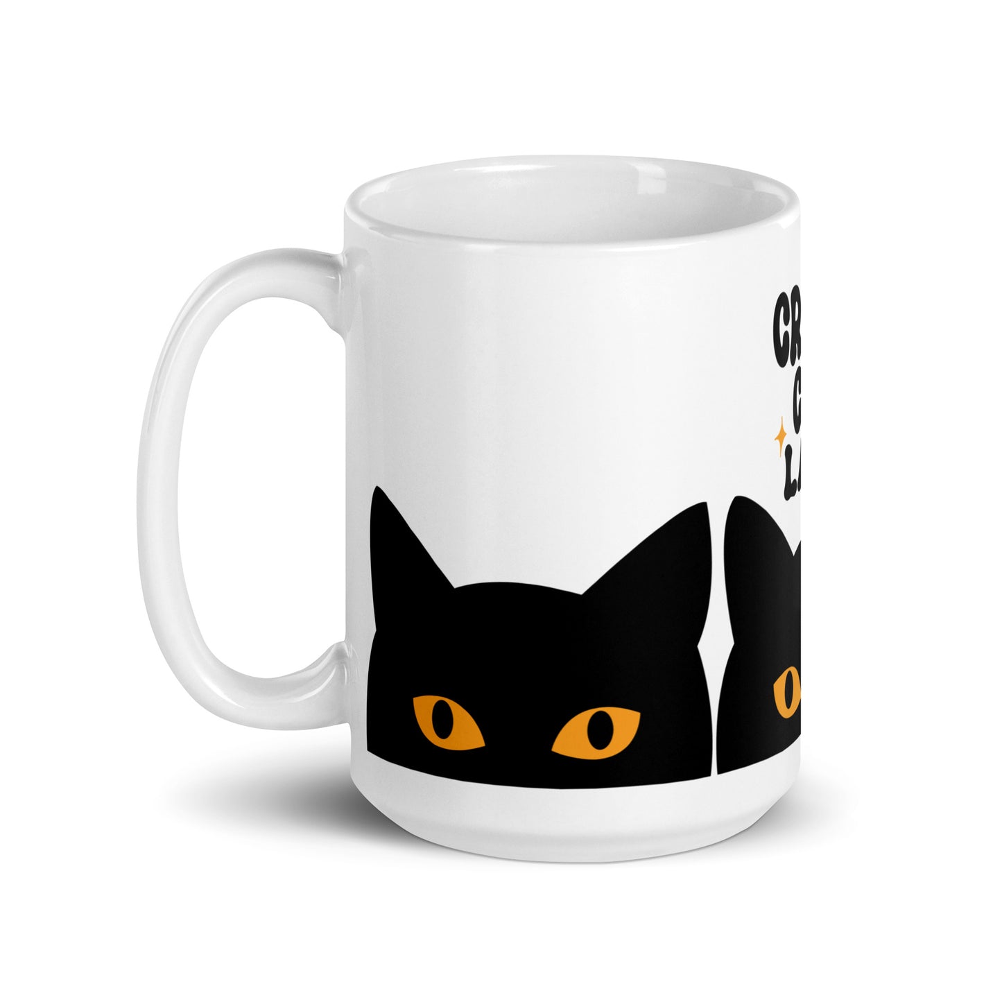 Crazy Cat Lady Peeking Black Cat Glossy White Coffee Mug by Spinsterly Co with peeking cat eyes graphic