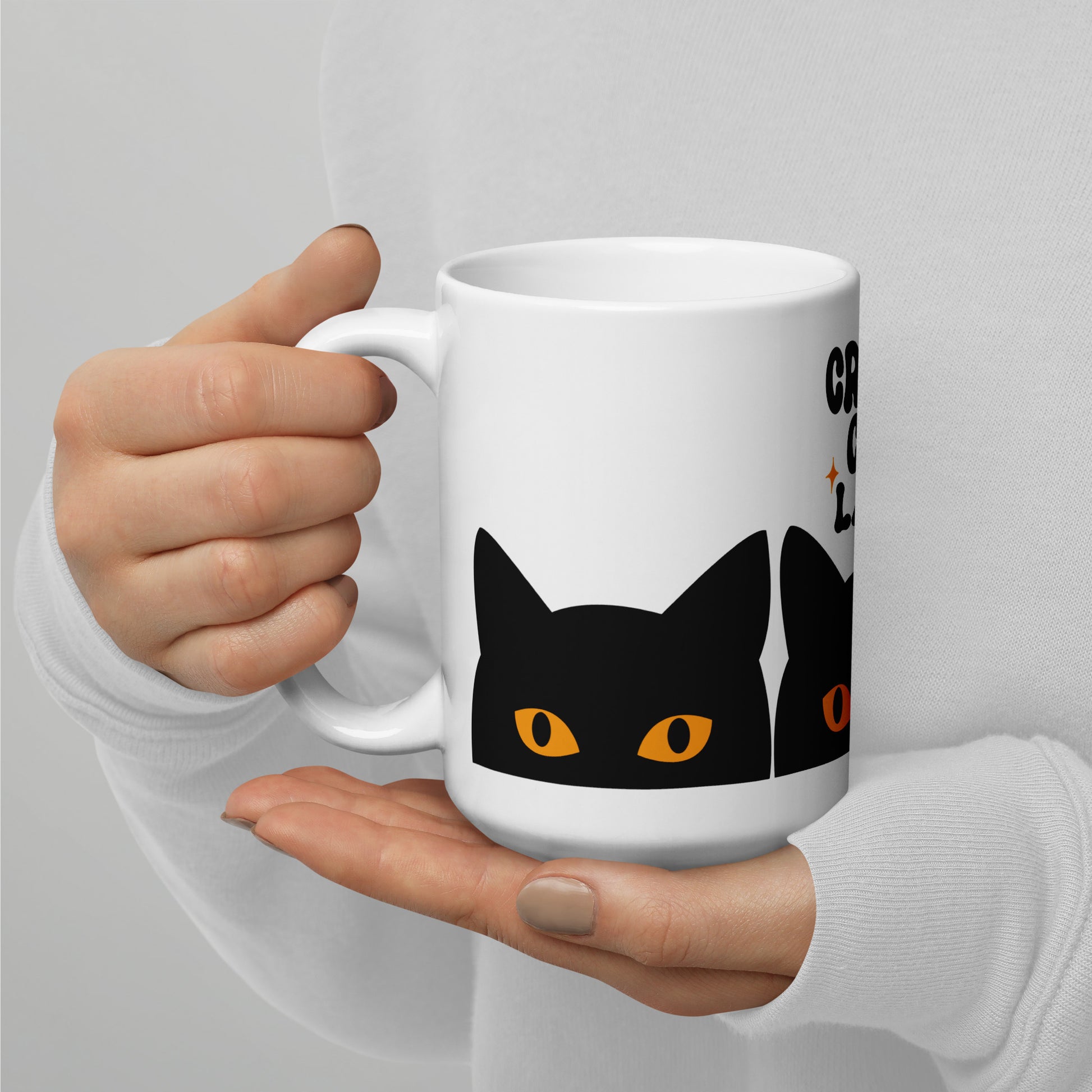Crazy Cat Lady Peeking Black Cat Glossy White Coffee Mug by Spinsterly Co, glossy ceramic with peeking cat eyes