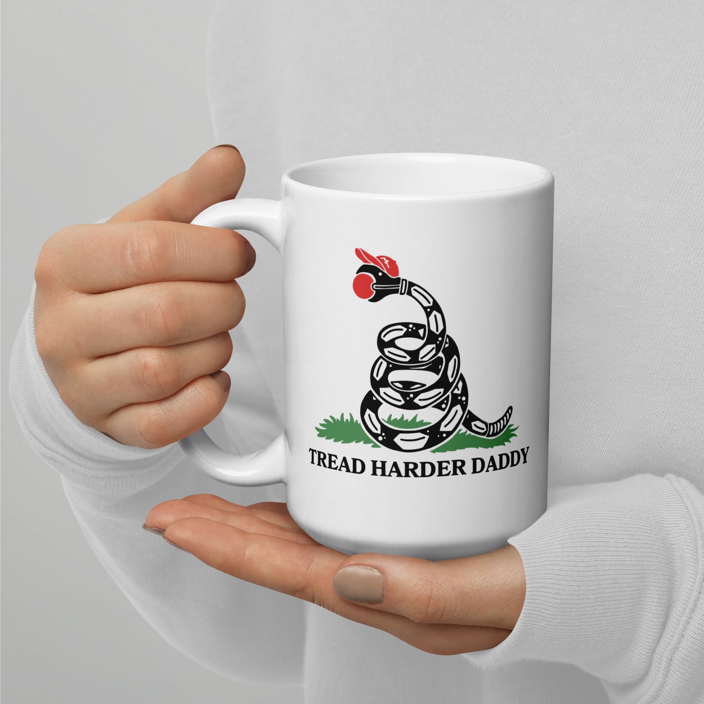 Tread Harder Daddy Coiled Snake Parody White Glossy Mug Spinsterly Co ceramic mug with glossy white finish
