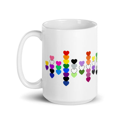 LGBTQIA Pride Flag Hearts White Glossy Mug by Spinsterly Co, glossy ceramic with colorful heart scatter