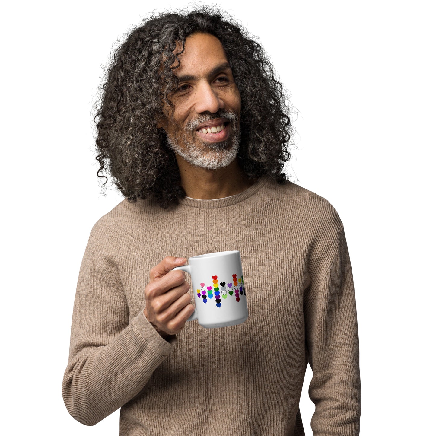 LGBTQIA Pride Flag Hearts White Glossy Mug by Spinsterly Co, glossy ceramic finish with heart scatter design