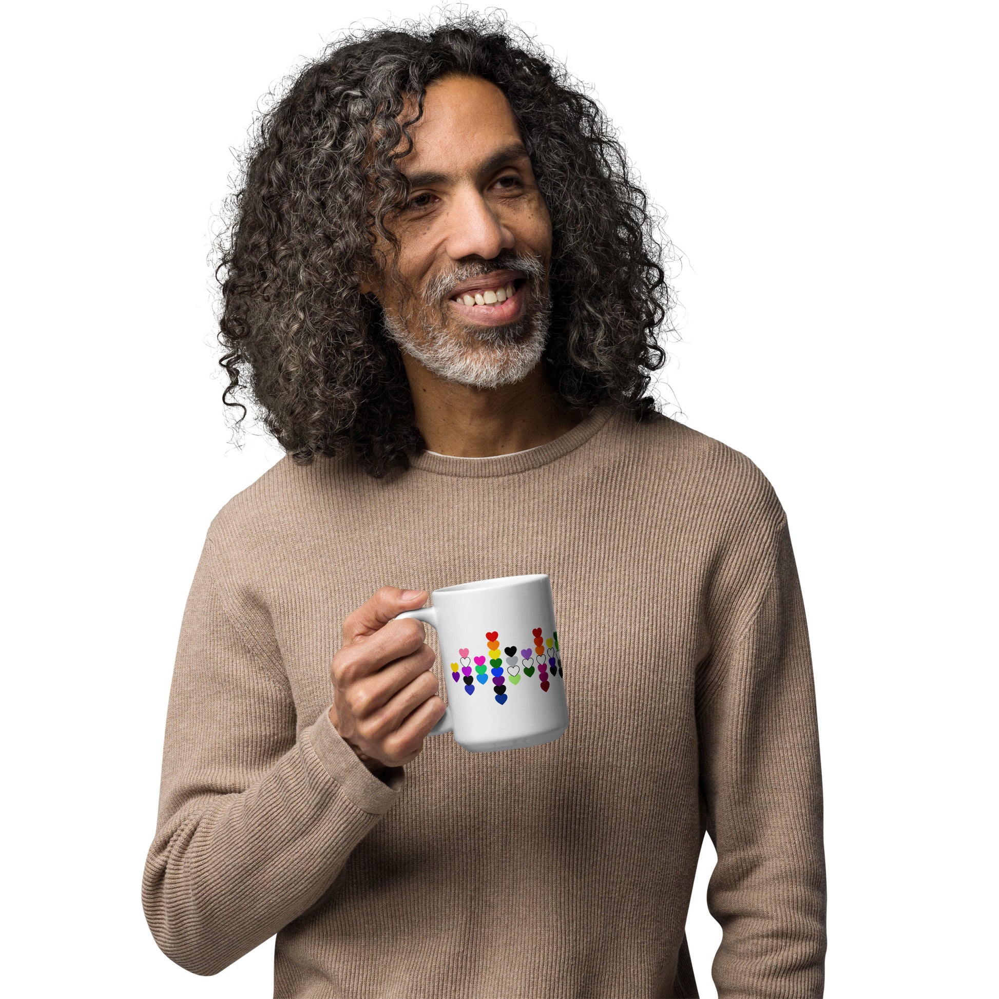 LGBTQIA Pride Flag Hearts White Glossy Mug by Spinsterly Co, glossy ceramic finish with heart scatter design