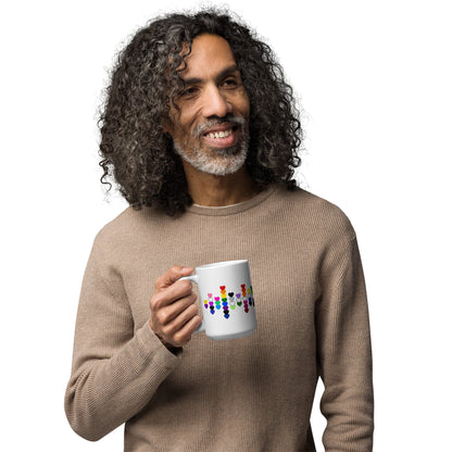 LGBTQIA Pride Flag Hearts White Glossy Mug by Spinsterly Co, glossy ceramic finish with heart scatter design