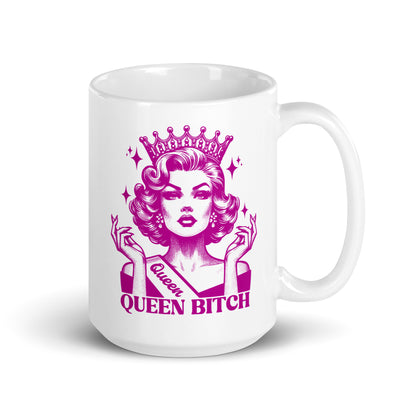 Queen Bitch White Glossy Coffee Mug Spinsterly Co ceramic mug with glossy finish and purple crowned queen illustration