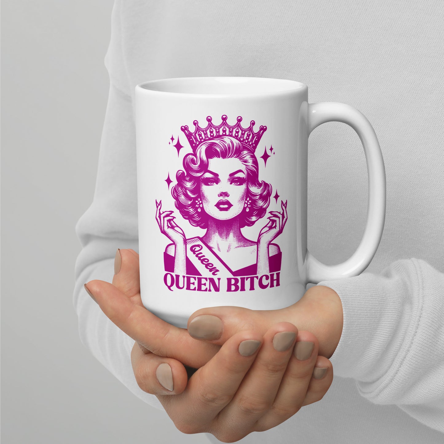 Queen Bitch White Glossy Coffee Mug Spinsterly Co crowned retro queen illustration on white glossy ceramic mug
