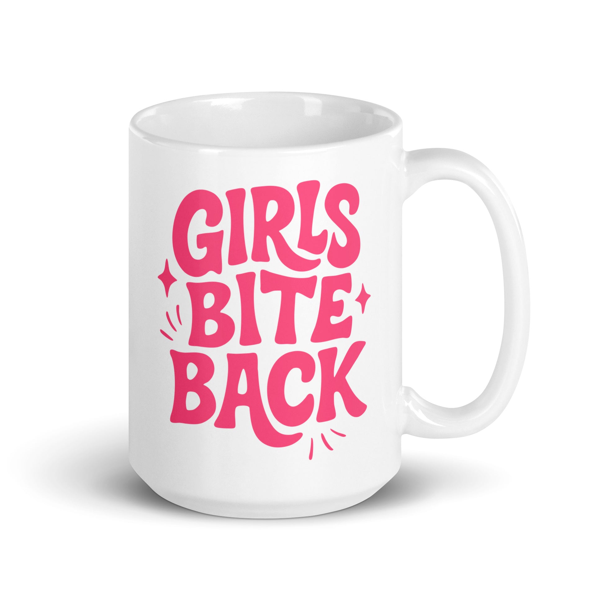 Girls Bite Back Glossy White Coffee Mug Spinsterly Co ceramic mug in glossy white with pink feminist text