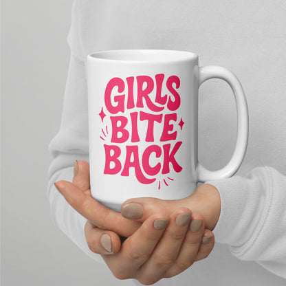 Girls Bite Back Glossy White Coffee Mug Spinsterly Co ceramic mug in glossy white with hot pink retro text