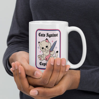 Cats Against Capitalism Glossy White Coffee Mug by Spinsterly Co, glossy ceramic with double-sided protest cat print