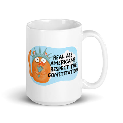 Real Ass Americans Respect the Constitution Glossy White Coffee Mug by Spinsterly Co, double sided cat graphic