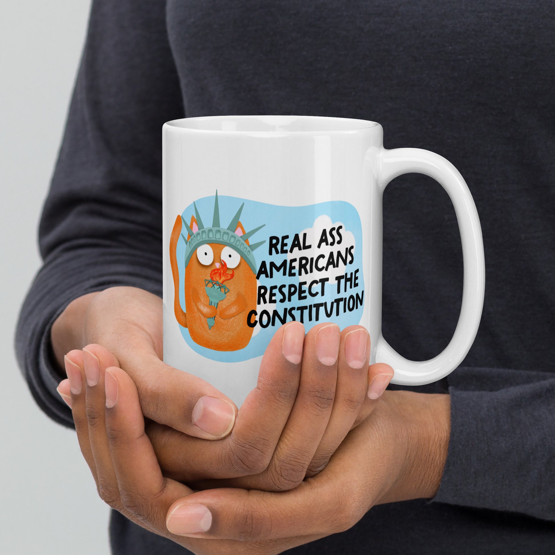 Real Ass Americans Respect the Constitution Glossy White Coffee Mug by Spinsterly Co, double sided cat graphic