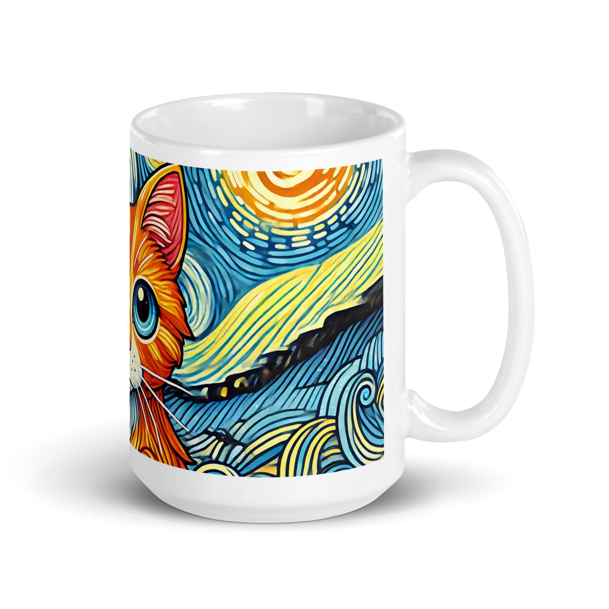 Starry Night Cat Glossy White Coffee Mug Spinsterly Co ceramic mug with wrap-around night-sky cat illustration