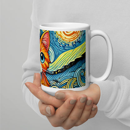 Starry Night Cat Glossy White Coffee Mug by Spinsterly Co with wrap around night sky cat illustration