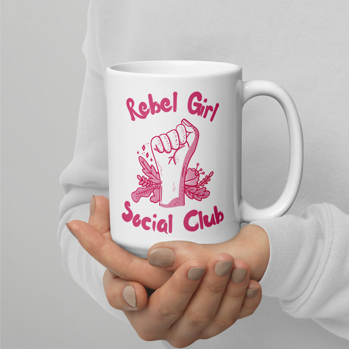 Rebel Girl Social Club Glossy White Coffee Mug | Feminist Floral Gift - Spinsterly Co