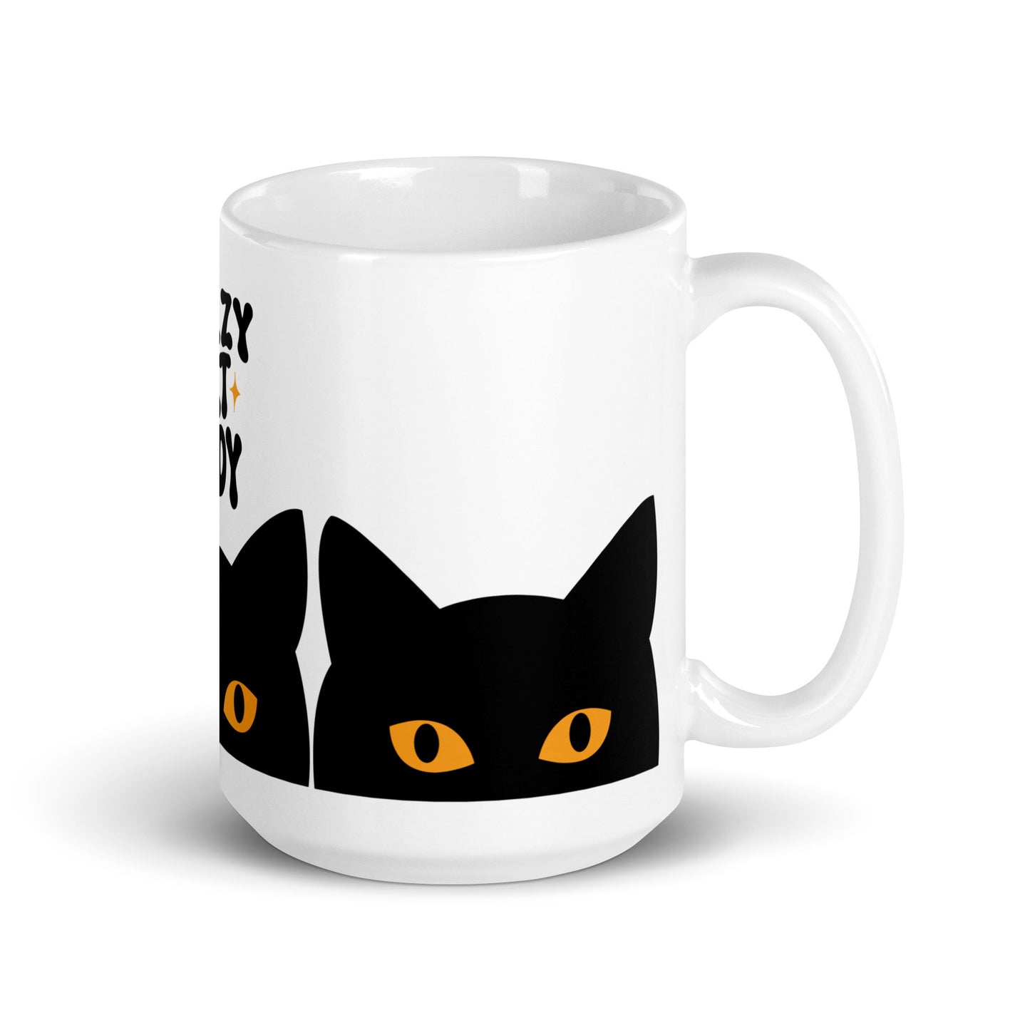 Crazy Cat Lady Peeking Black Cat Glossy White Coffee Mug by Spinsterly Co, glossy ceramic with peeking cat eyes