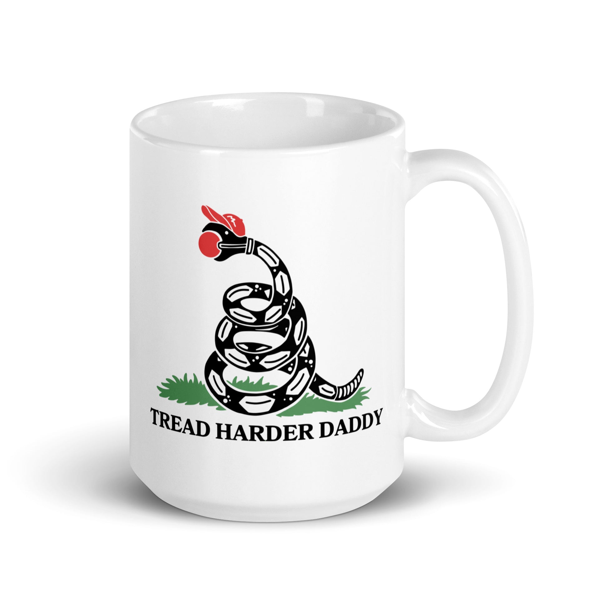 Tread Harder Daddy Coiled Snake Parody White Glossy Mug by Spinsterly Co, glossy ceramic with red snake graphic