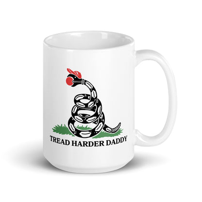 Tread Harder Daddy Coiled Snake Parody White Glossy Mug by Spinsterly Co, glossy ceramic with red snake graphic