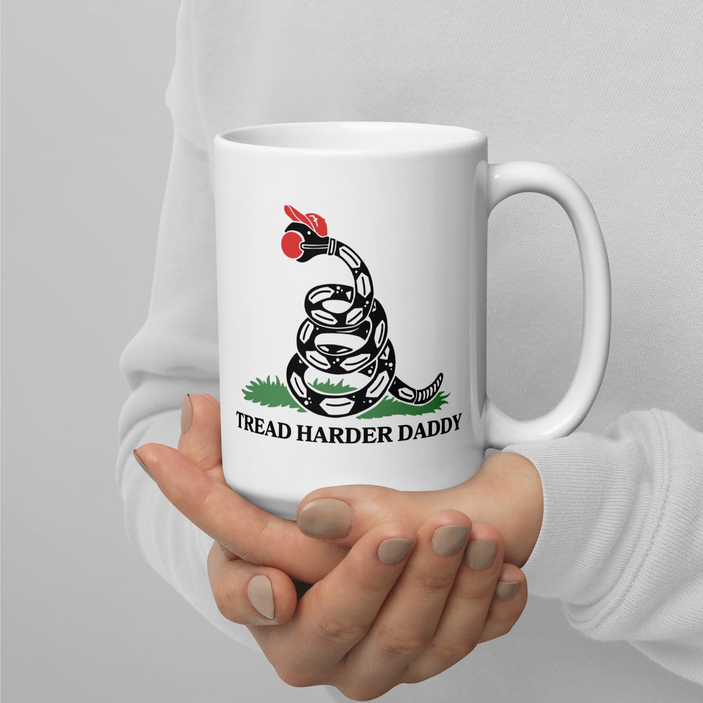 Tread Harder Daddy Coiled Snake Parody White Glossy Mug Spinsterly Co ceramic mug with glossy white finish