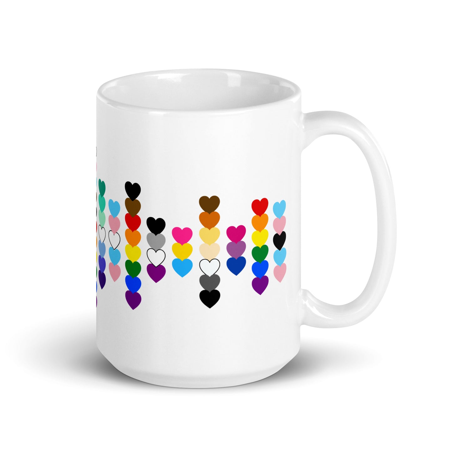 LGBTQIA Pride Flag Hearts White Glossy Mug Spinsterly Co ceramic mug with colorful heart scatter design