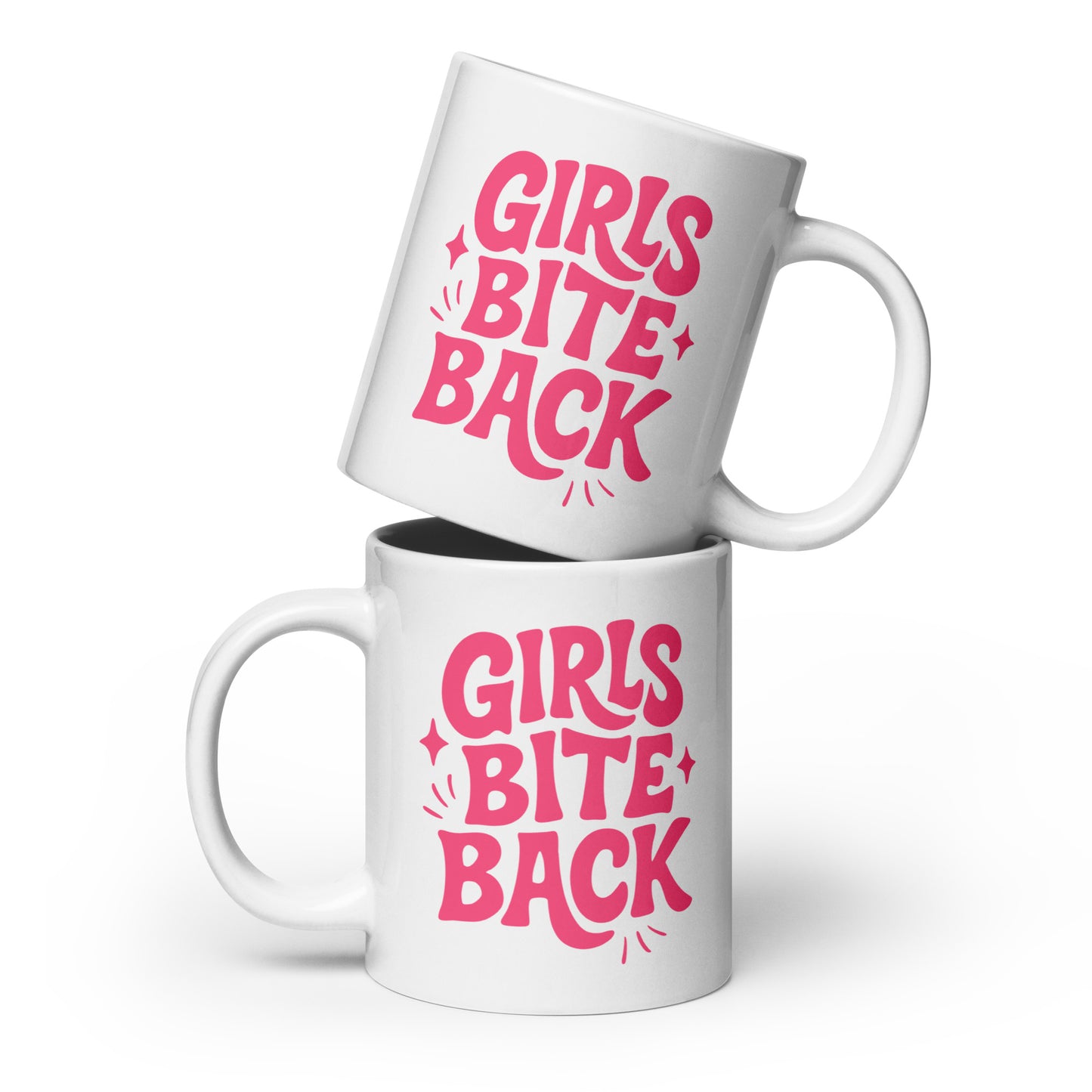 Girls Bite Back Glossy White Coffee Mug Spinsterly Co ceramic mug in glossy white with pink retro text