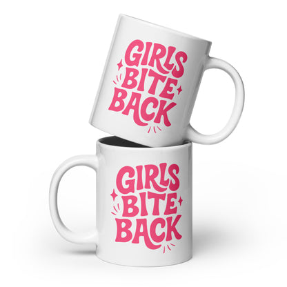 Girls Bite Back Glossy White Coffee Mug Spinsterly Co ceramic mug in glossy white with pink retro text