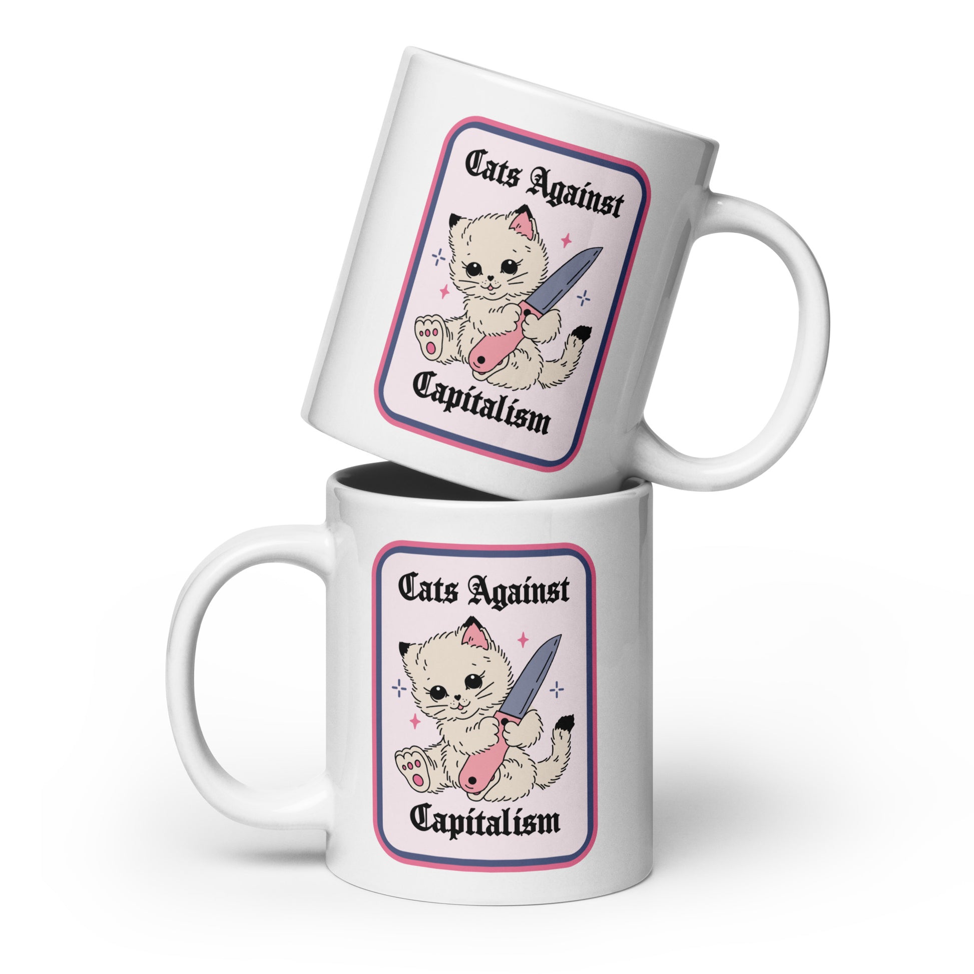 Cats Against Capitalism Glossy White Coffee Mug by Spinsterly Co with protest cat illustration on ceramic