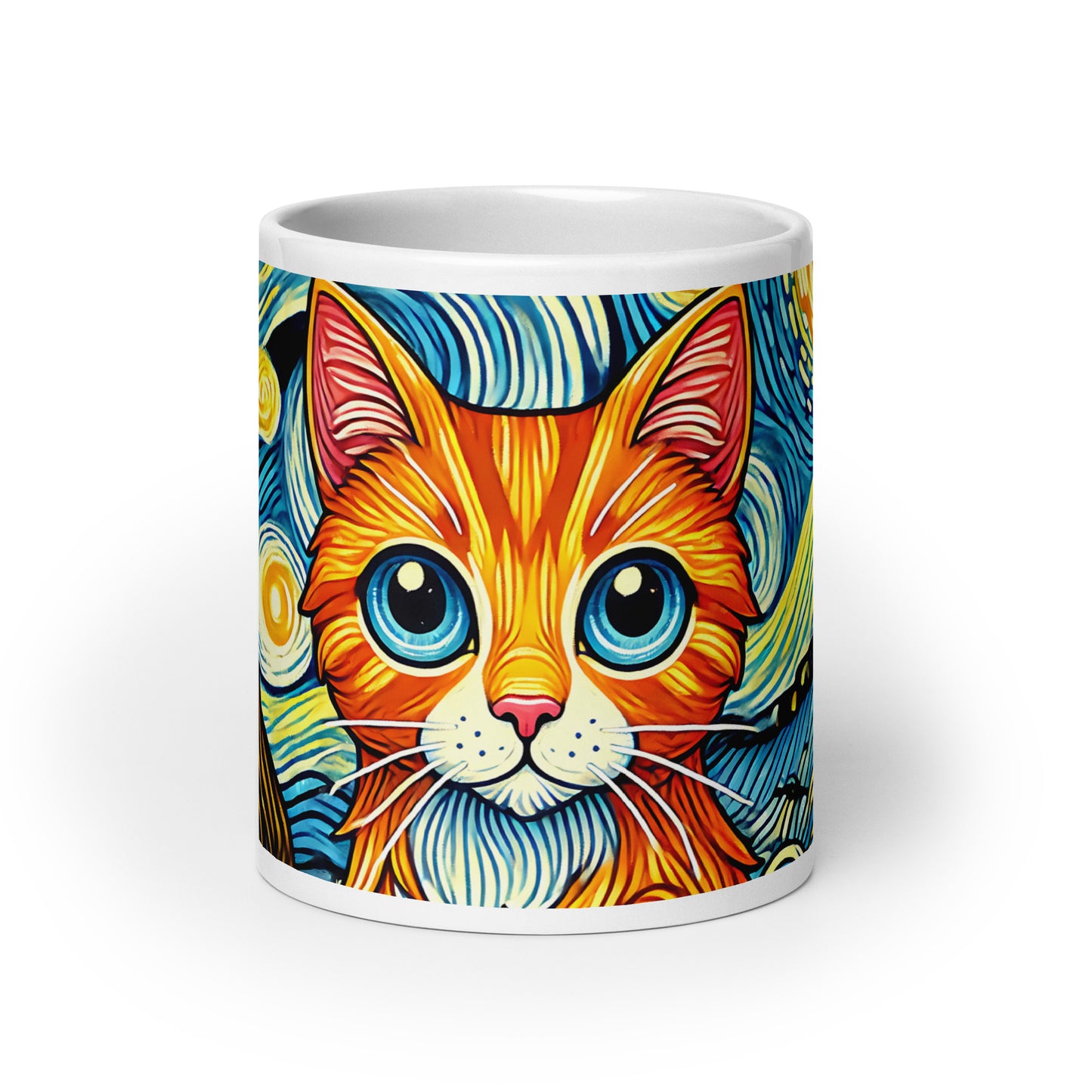Starry Night Cat Glossy White Coffee Mug Spinsterly Co glossy ceramic mug with wrap around night sky cat