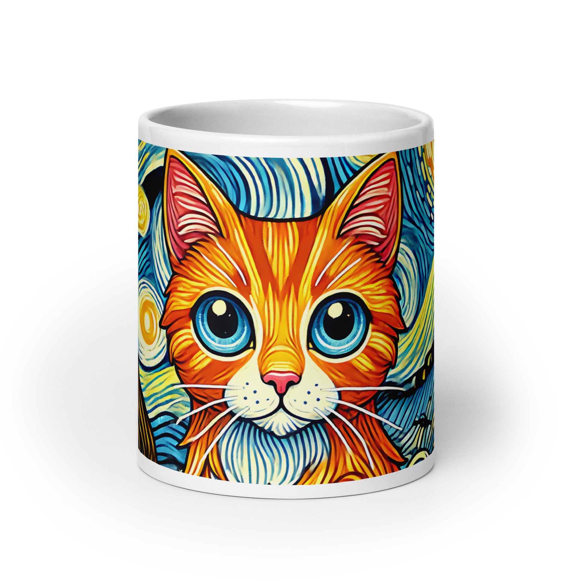Starry Night Cat Glossy White Coffee Mug Spinsterly Co glossy ceramic mug with wrap around night sky cat