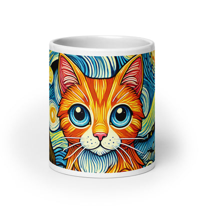 Starry Night Cat Glossy White Coffee Mug Spinsterly Co glossy ceramic mug with wrap around night sky cat