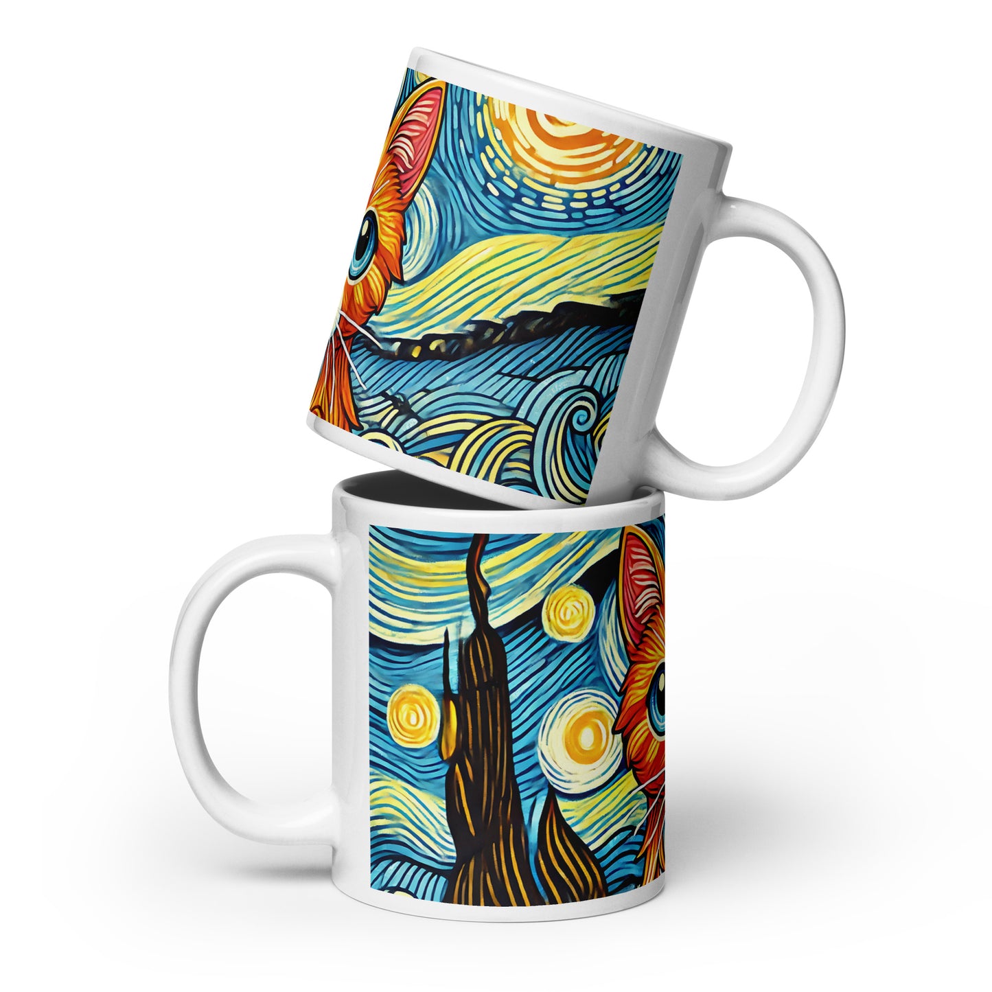 Starry Night Cat Glossy White Coffee Mug Spinsterly Co, glossy ceramic with wrap around night sky cat art