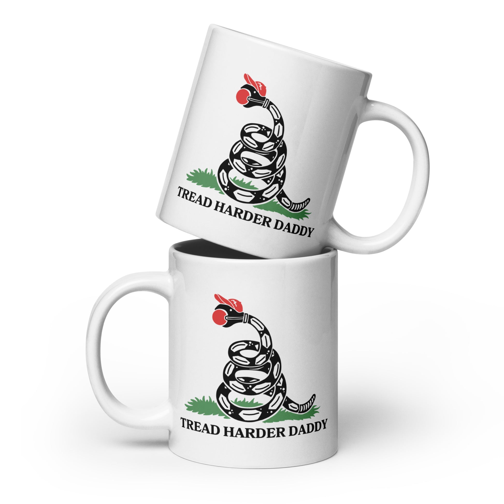 Tread Harder Daddy Coiled Snake Parody White Glossy Mug Spinsterly Co ceramic mug with glossy finish