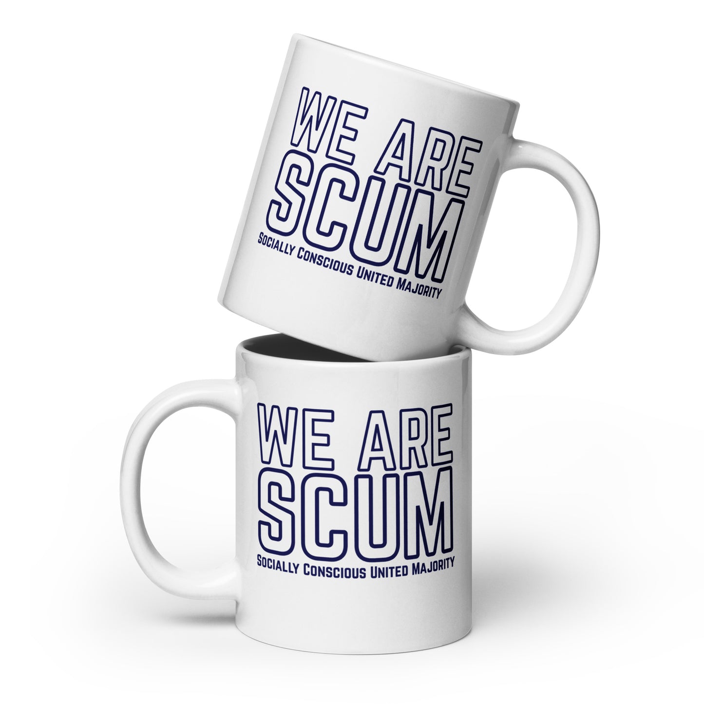 We Are SCUM Socially Conscious United Majority White Glossy Mug by Spinsterly Co, ceramic mug with blue text