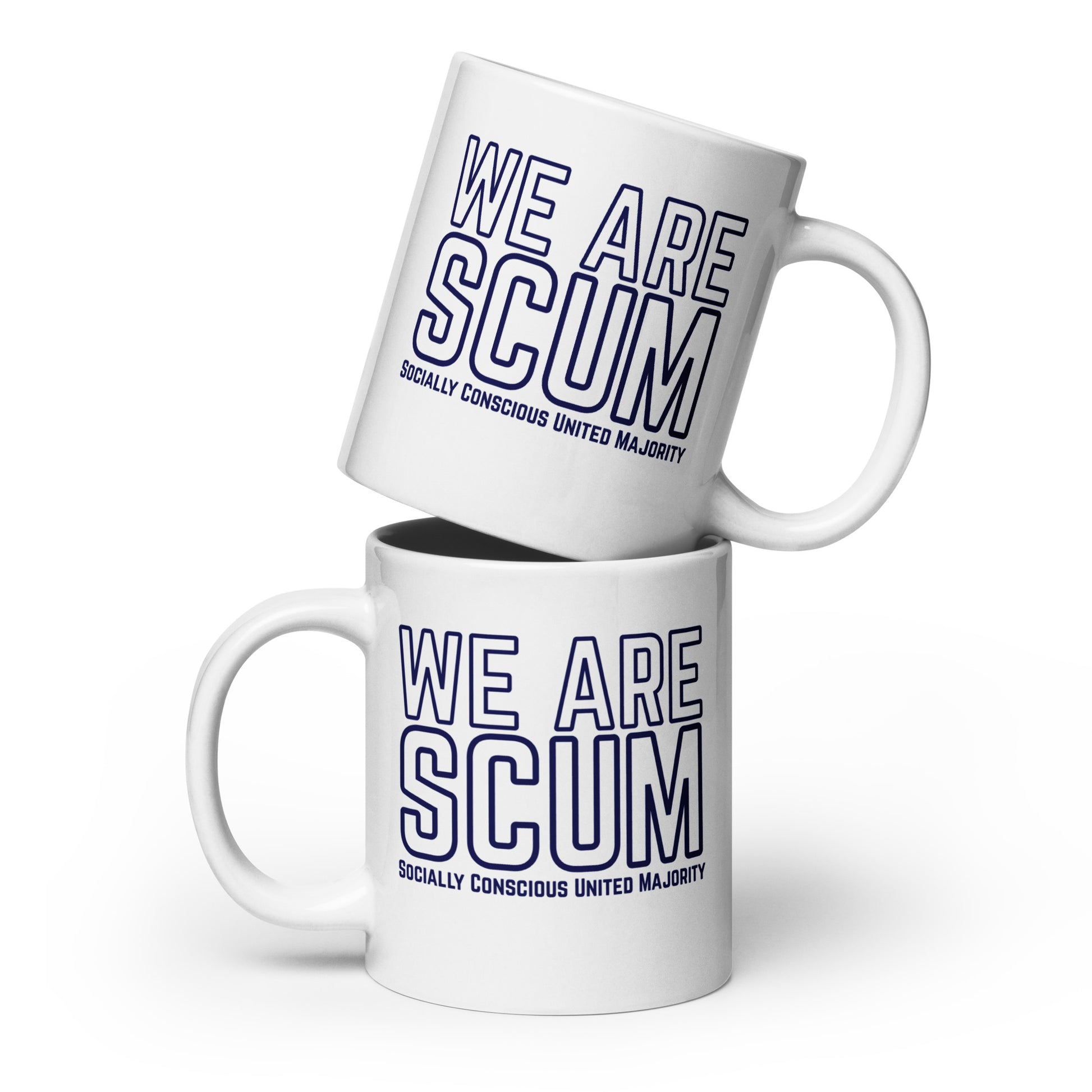 We Are SCUM Socially Conscious United Majority White Glossy Mug by Spinsterly Co, ceramic mug with blue text