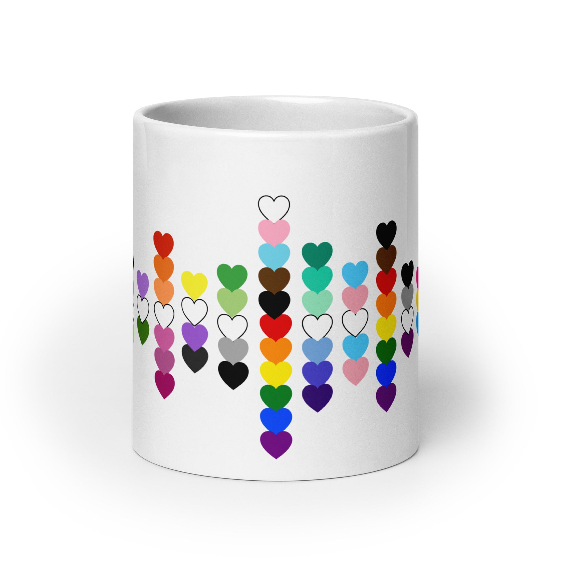 LGBTQIA Pride Flag Hearts White Glossy Mug by Spinsterly Co, ceramic mug with colorful heart scatter