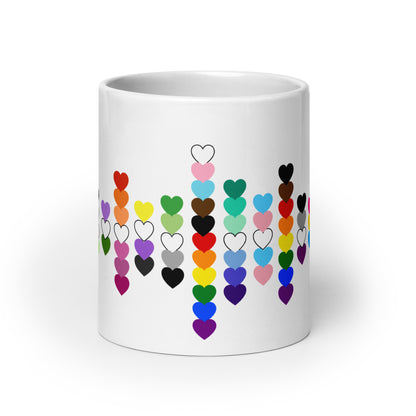 LGBTQIA Pride Flag Hearts White Glossy Mug by Spinsterly Co, ceramic mug with colorful heart scatter