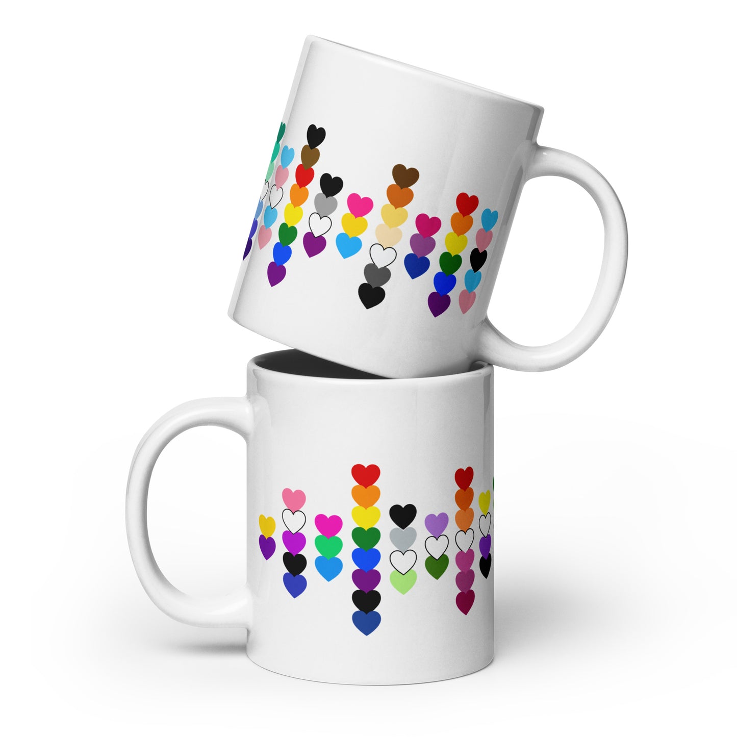 LGBTQIA Pride Flag Hearts White Glossy Mug by Spinsterly Co, ceramic mug with all around heart scatter