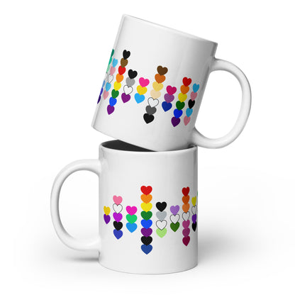 LGBTQIA Pride Flag Hearts White Glossy Mug by Spinsterly Co, ceramic mug with all around heart scatter