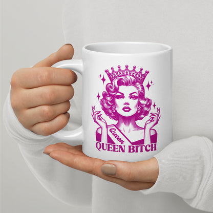 Queen Bitch White Glossy Coffee Mug by Spinsterly Co, glossy ceramic with purple crowned queen illustration