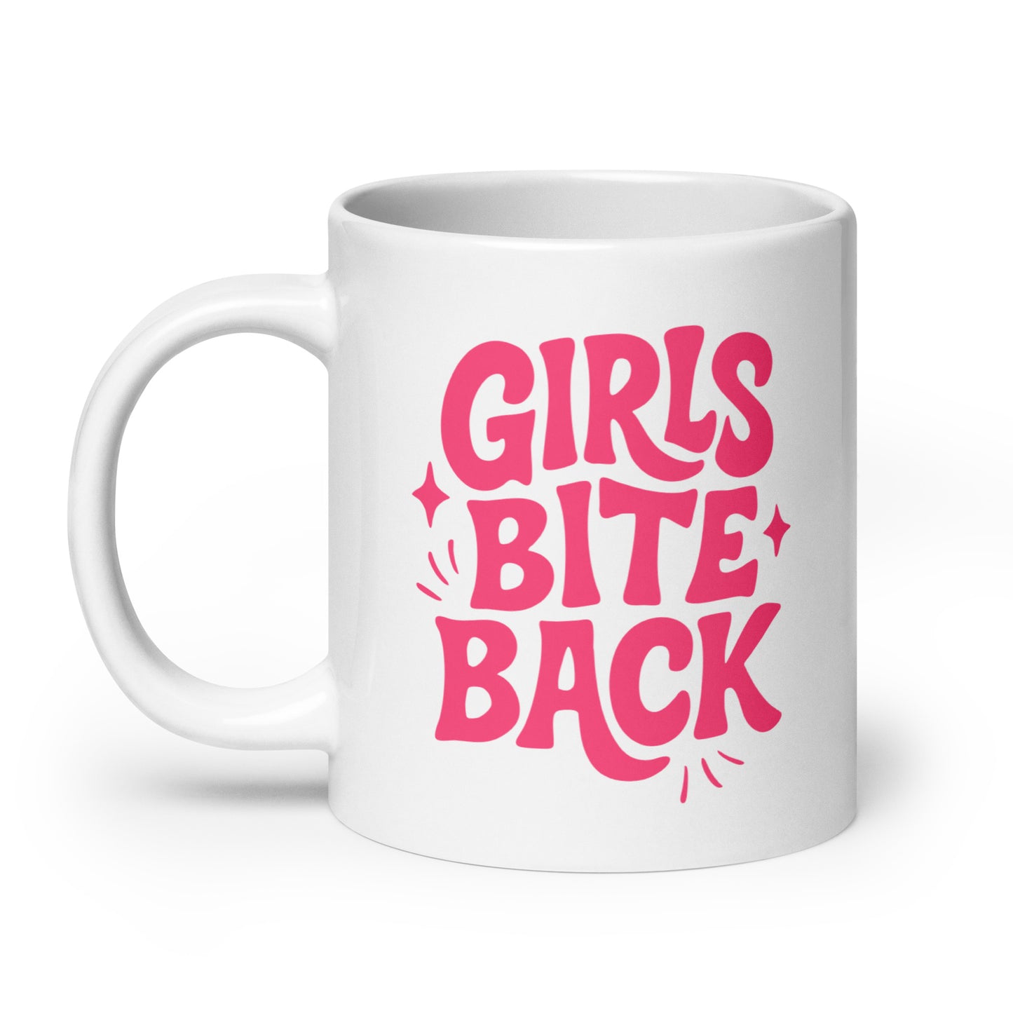 Girls Bite Back Glossy White Coffee Mug Spinsterly Co ceramic mug in glossy white with hot pink lettering