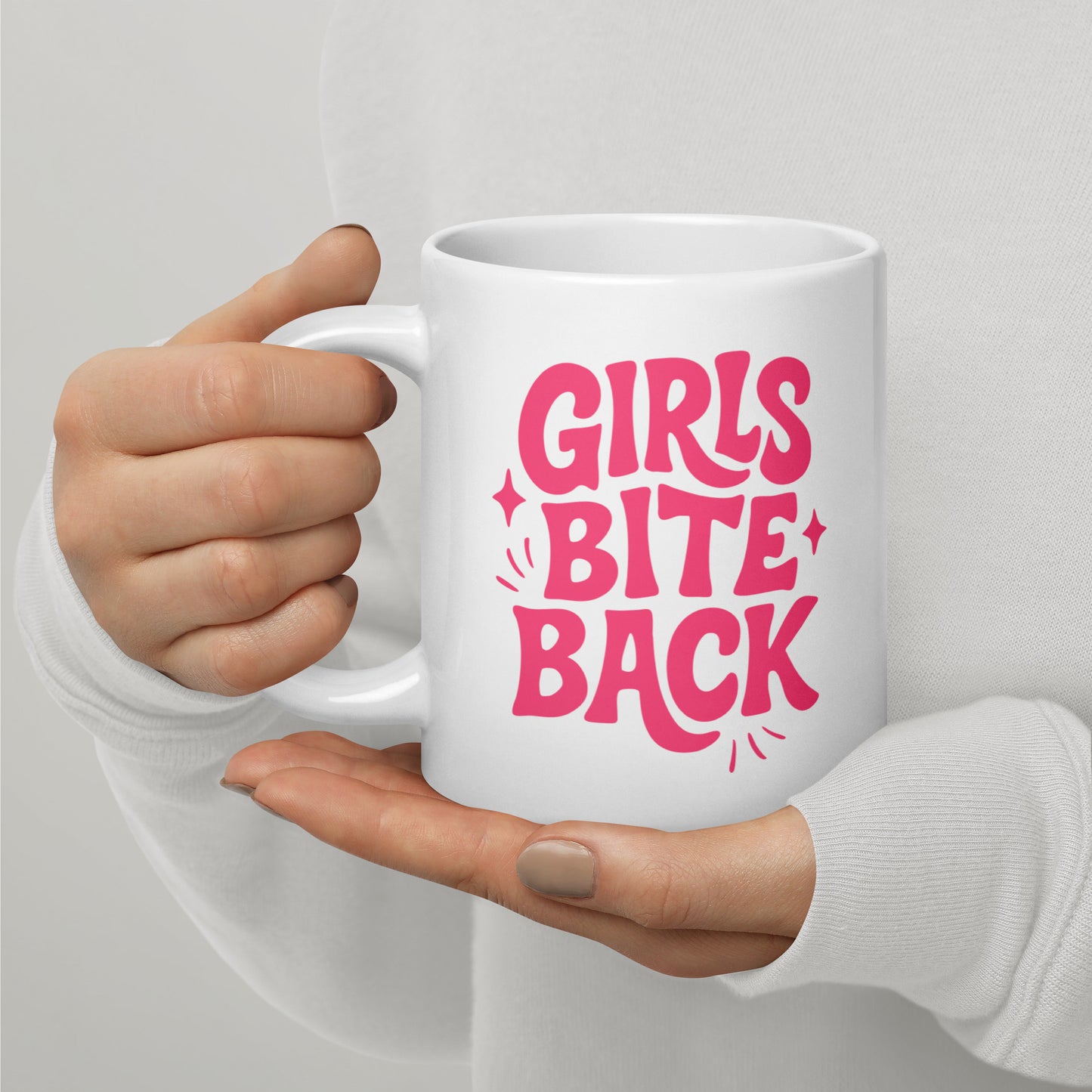 Girls Bite Back Glossy White Coffee Mug by Spinsterly Co, glossy ceramic with pink GIRLS BITE BACK text