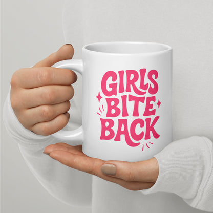 Girls Bite Back Glossy White Coffee Mug by Spinsterly Co, glossy ceramic with pink GIRLS BITE BACK text