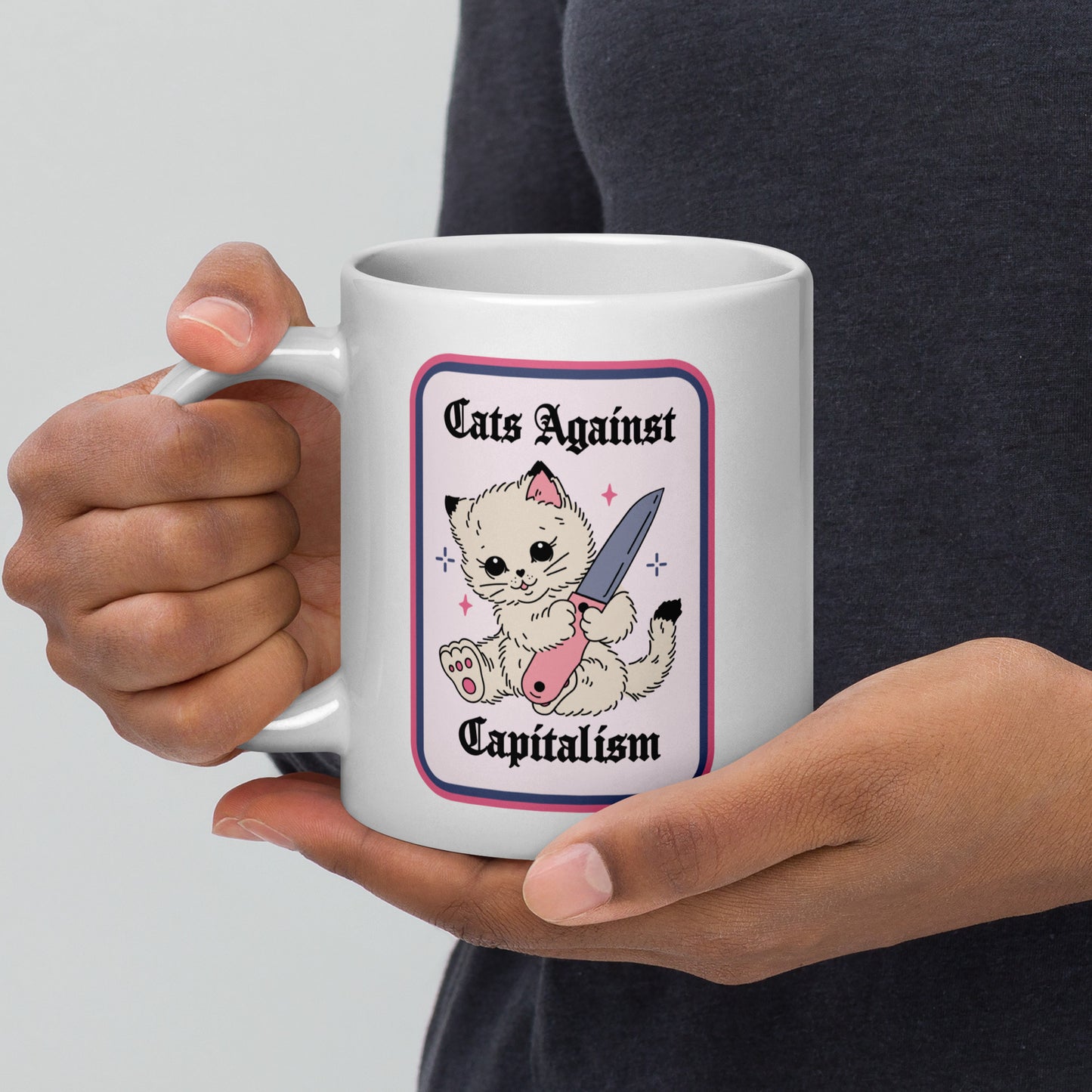 Cats Against Capitalism Glossy White Coffee Mug by Spinsterly Co, ceramic with double sided protest cat print