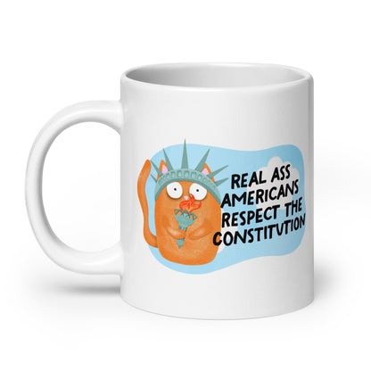 Real Ass Americans Respect the Constitution Glossy White Coffee Mug by Spinsterly Co with double sided printed cat