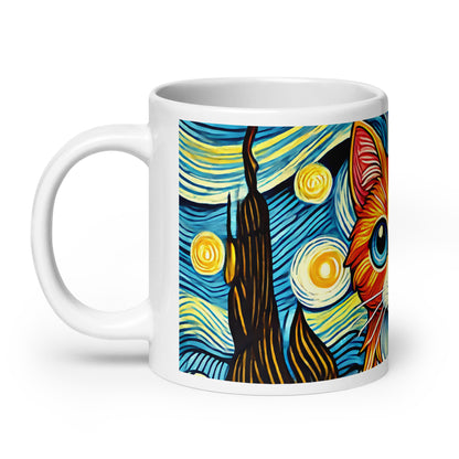 Starry Night Cat Glossy White Coffee Mug by Spinsterly Co with wrap around night sky cat illustration