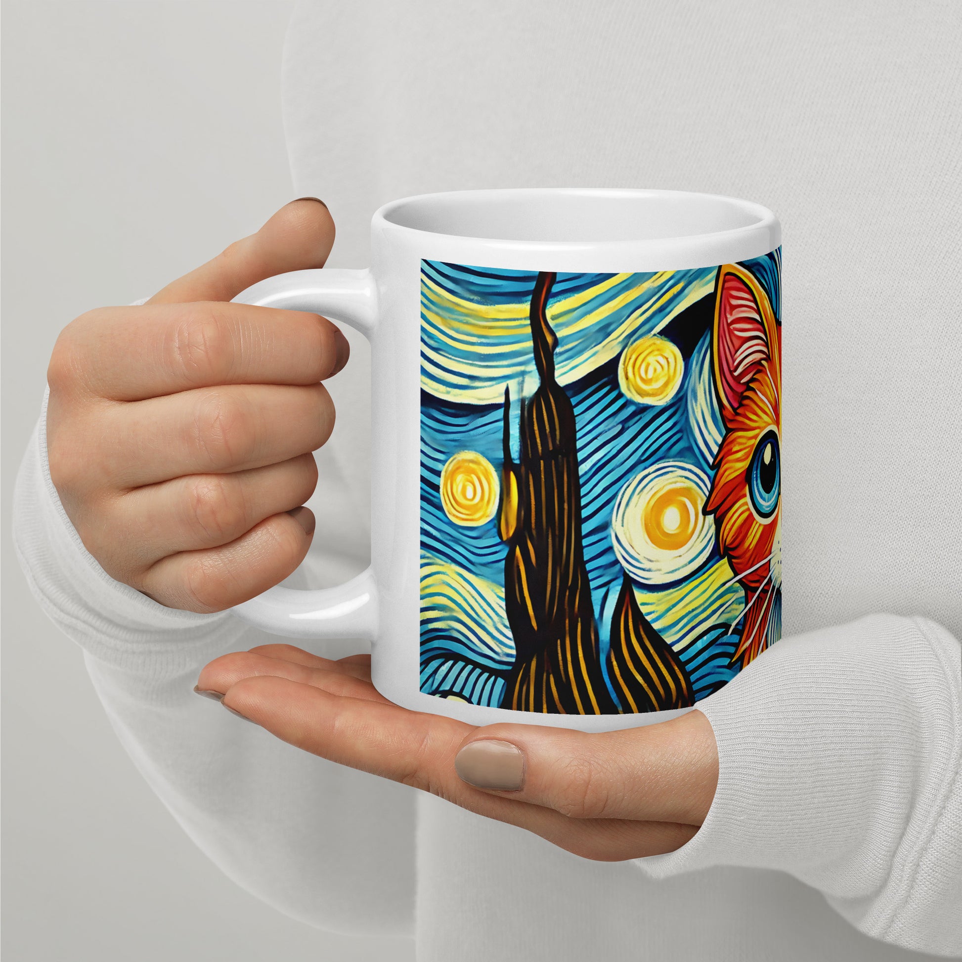 Starry Night Cat Glossy White Coffee Mug by Spinsterly Co with wrap around cat and night sky illustration