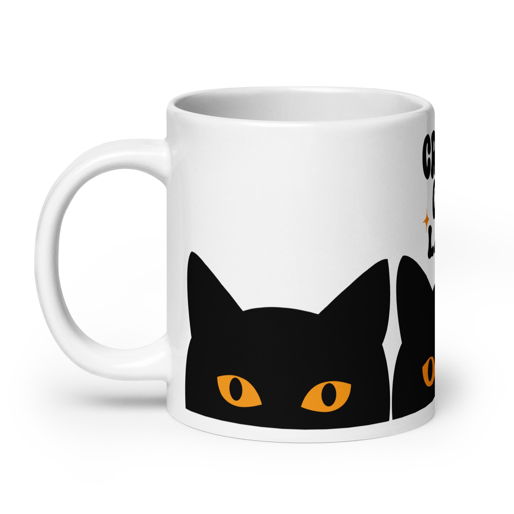 Crazy Cat Lady Peeking Black Cat Glossy White Coffee Mug by Spinsterly Co, glossy ceramic with peeking cat eyes
